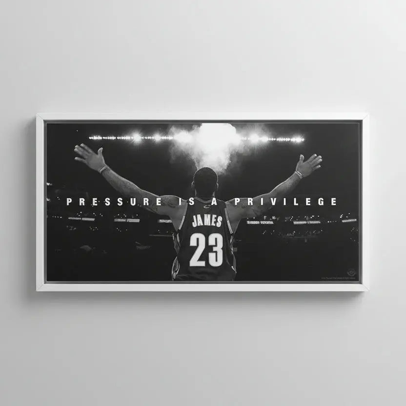Black and white image of a basketball player with 'Pressure is a Privilege' text and '23' visible.