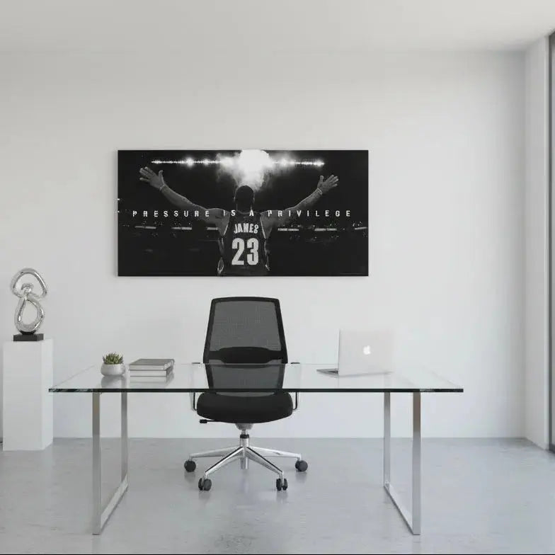 Black and white texture details of the canvas print featuring LeBron James - Pressure Is A Privilege, arms raised.