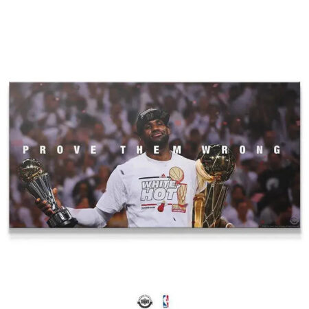 Close-up texture view of the championship trophy held by LeBron James - Prove Them Wrong commemorative print.