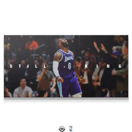 Triumphant close-up of LeBron James roaring in victory, highlighting the intense emotion captured in the 'LeBron James - Still King' poster.