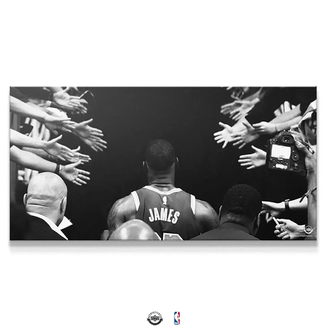 Wide-angle view of the iconic 'LeBron James - Tunnel Vision' canvas print, showcasing James walking away from the crowd.