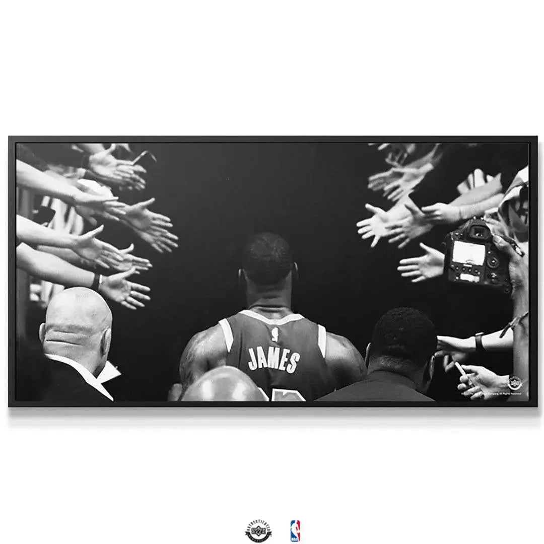 Close-up texture of the canvas surface featuring the name 'JAMES' on the jersey in 'LeBron James - Tunnel Vision'.