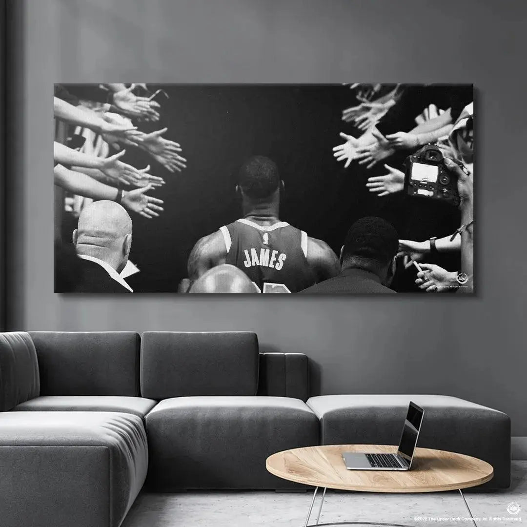 View from the side showing the depth and wraparound edges of the 'LeBron James - Tunnel Vision' stretched print.