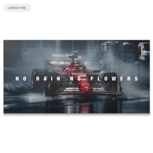 Leclerc – No Rain No Flowers Wall Art Dynamic wide shot of F1 car generating heavy rooster tail spray in "Leclerc - No Rain No Flowers"