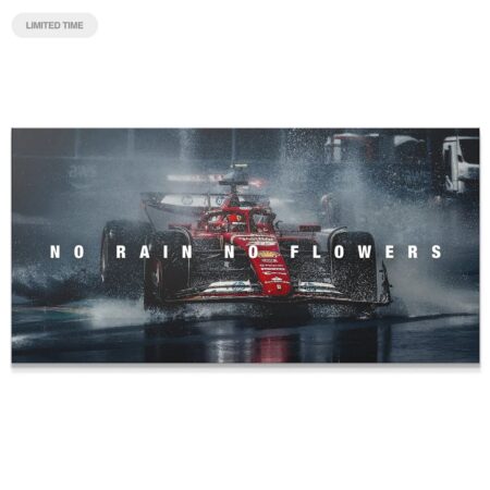 Dynamic wide shot of F1 car generating heavy rooster tail spray in "Leclerc - No Rain No Flowers"