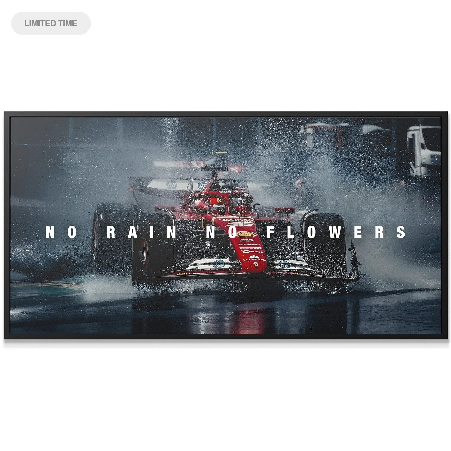 Close-up on the wet tire detail and reflective track surface texture in "Leclerc - No Rain No Flowers"