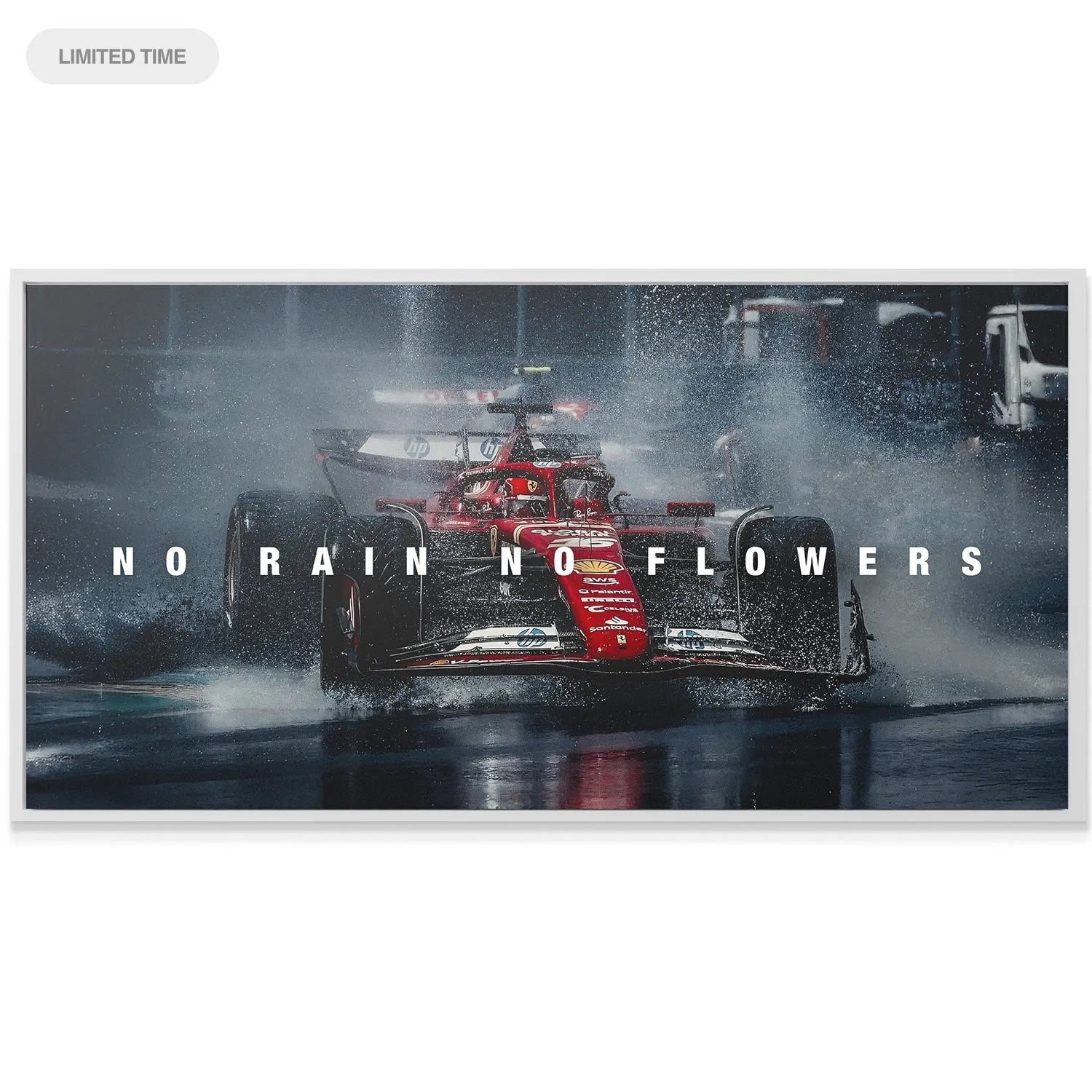 Dramatic low-light visual capturing the high-speed intensity of the "Leclerc - No Rain No Flowers" print