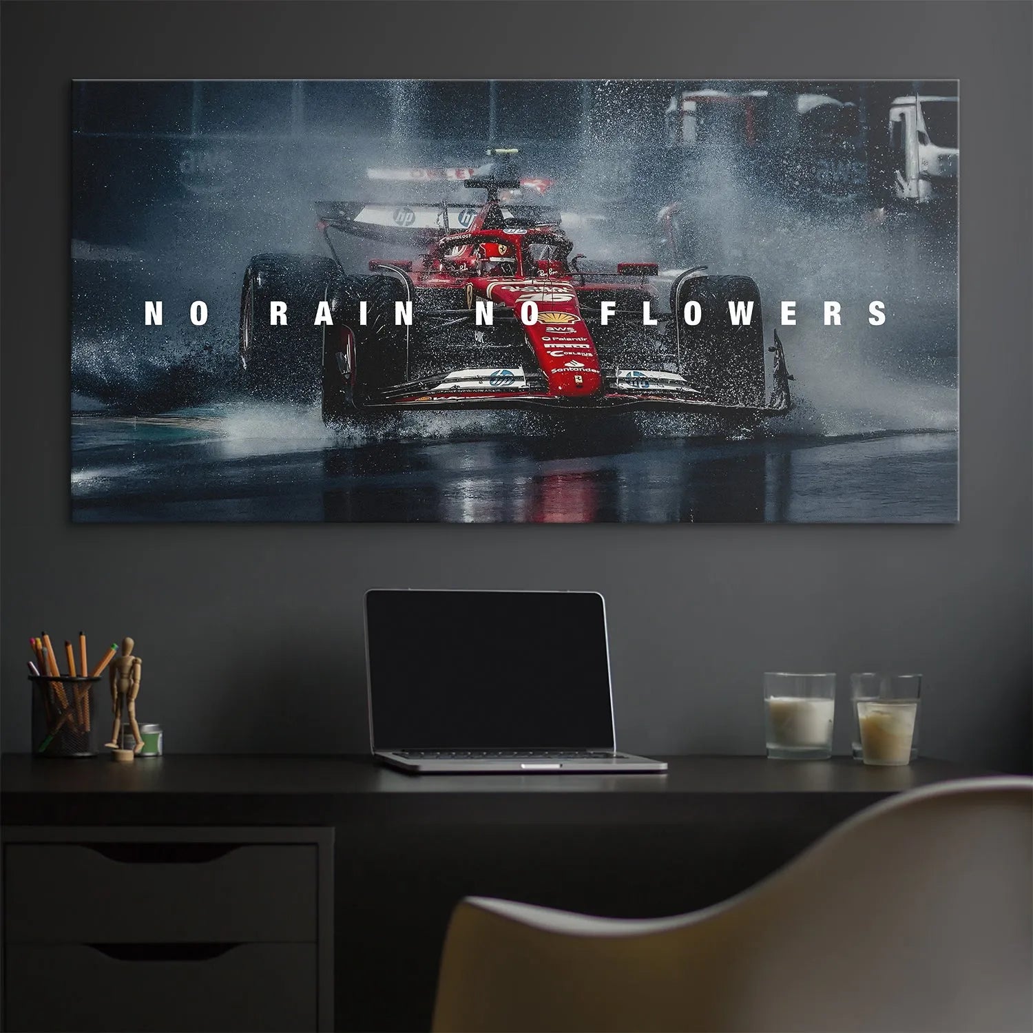 Aggressive head-on view of the red F1 car featured in the action-packed "Leclerc - No Rain No Flowers" artwork