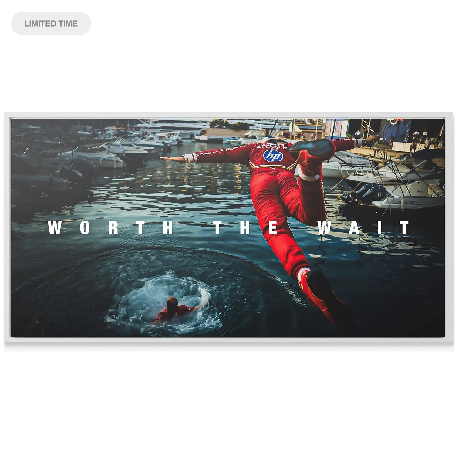 Marina yachts and reflective blue water texture in the backdrop of the exclusive 'Leclerc - Worth The Wait' artwork.