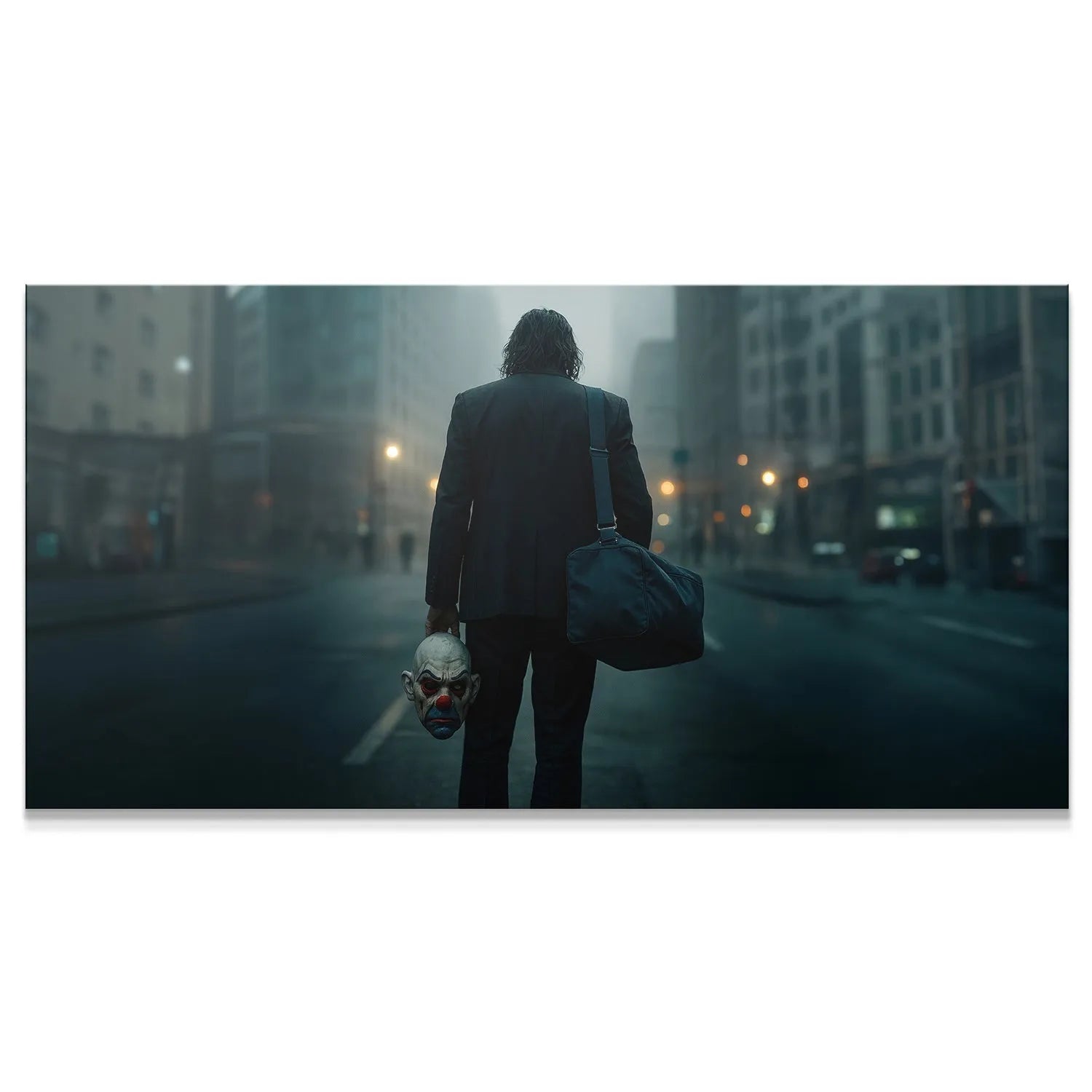 Cinematic 'Legacy' canvas print showing the figure walking away down a misty, foggy city street.