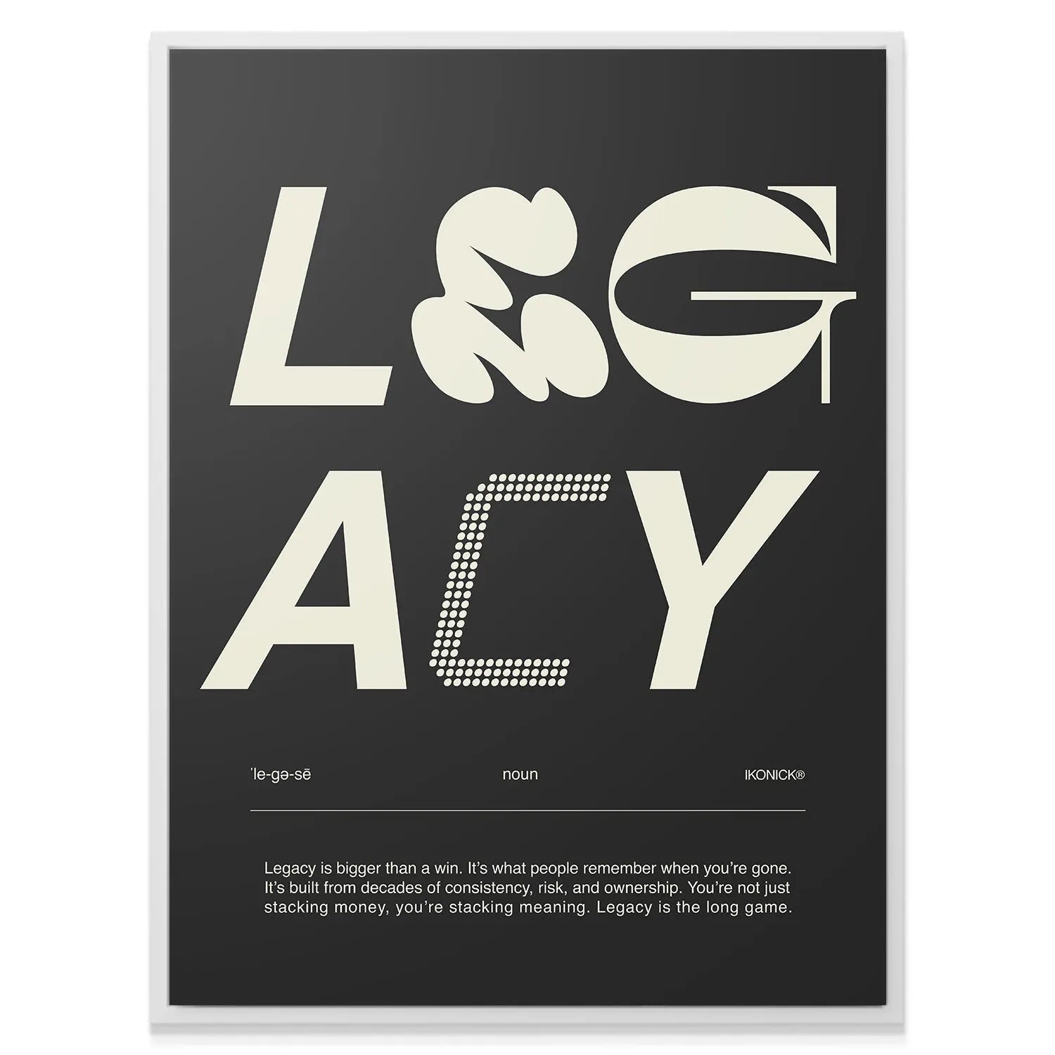 Lifestyle shot showing the framed Legacy Definition - Dark art piece hanging above a modern desk setup.