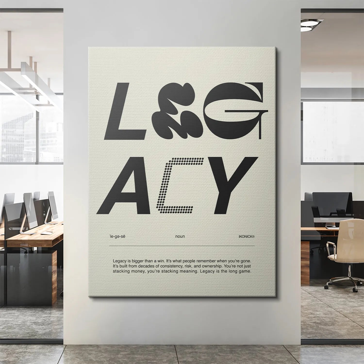 Lifestyle mock-up of the framed Legacy Definition - Light print above a minimalist desk setup.