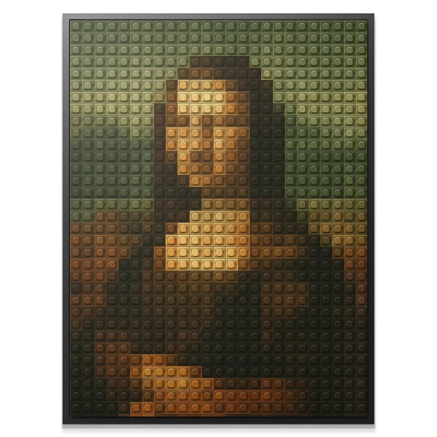 Close-up on the eyes and enigmatic smile of the Lego Lisa constructed from studs.
