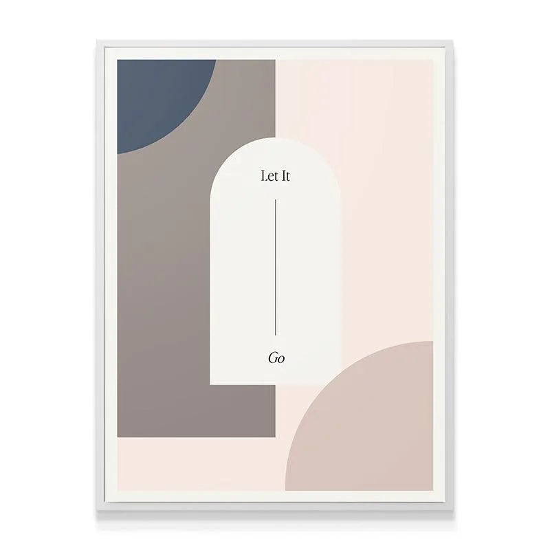 Top-left corner detail highlighting the deep blue and taupe color blocks of the geometric 'Let It Go' art print.