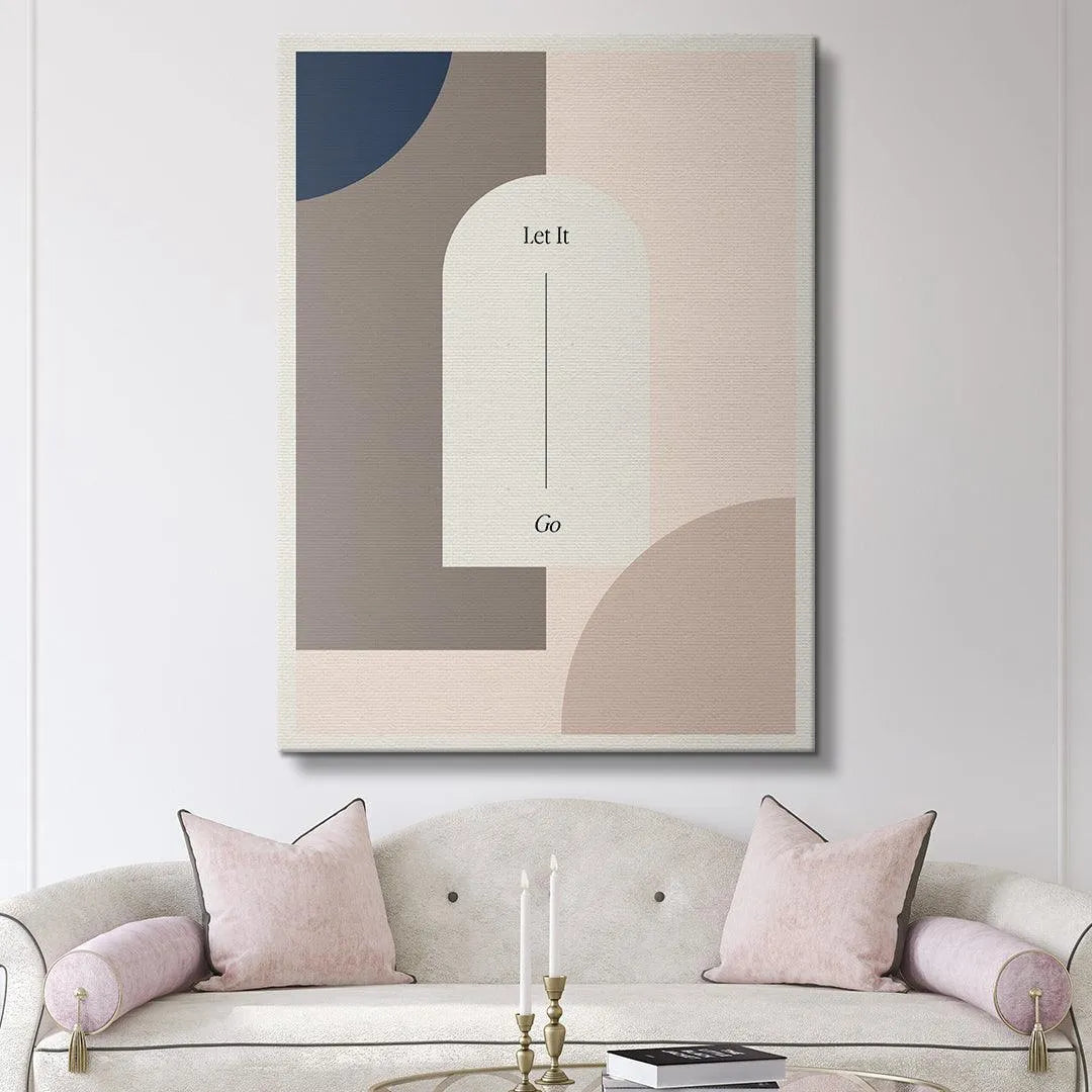 Inspirational office decor featuring the calming 'Let It Go' canvas in a focused workspace setting.