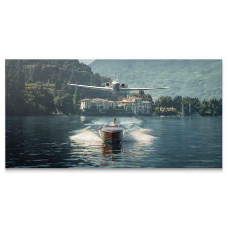 Wide view of the 'Let's Race' dynamic competition featuring the speedboat wake and low-flying private jet.