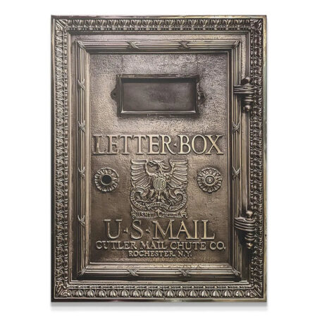 Full frontal view of the ornate bronze finish Letter-Box door plate.