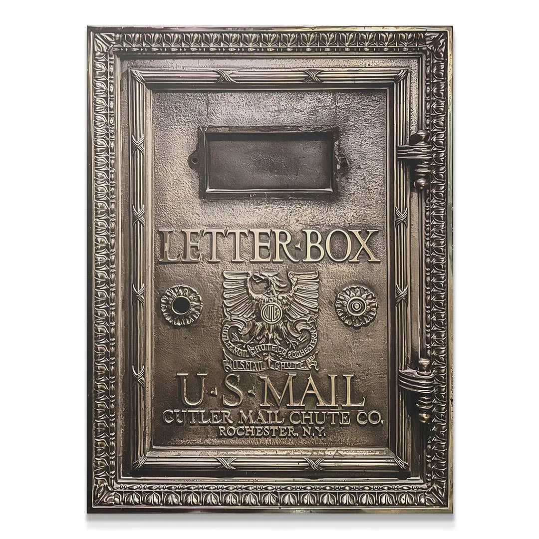 Full frontal view of the ornate bronze finish Letter-Box door plate.