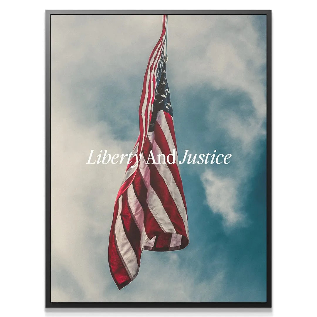 Full view of the distressed American flag art print embodying Liberty & Justice against the stormy clouds backdrop.