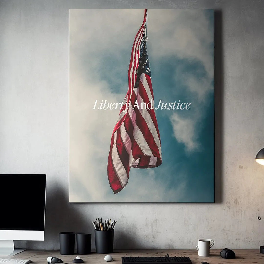 Lifestyle scene showing the dramatic Liberty & Justice print hanging above a modern living room fireplace mantel.