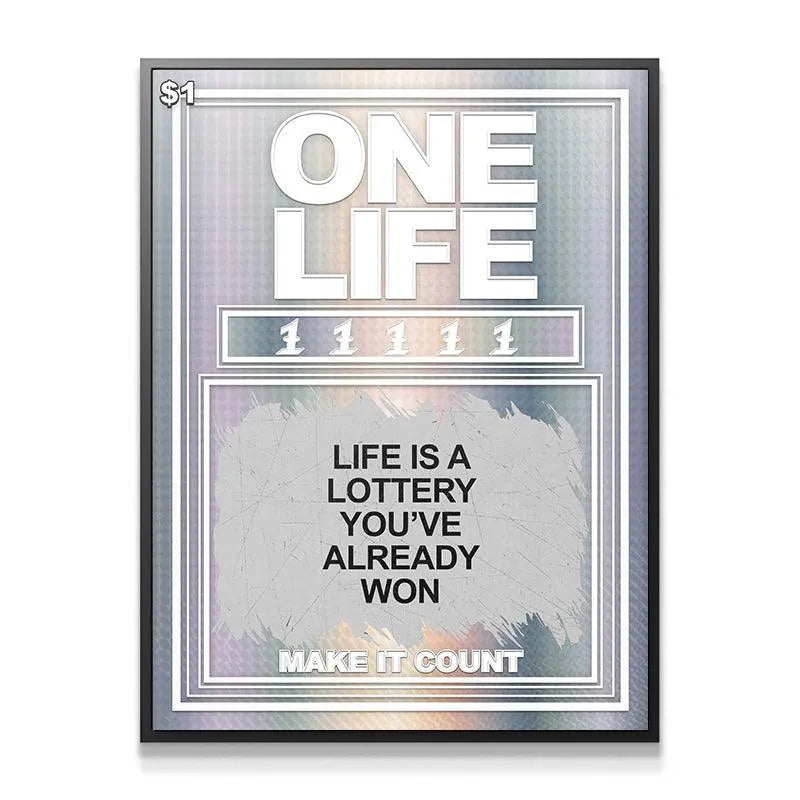 Close-up texture shot revealing the holographic shimmer detail of 'Life Is A Lottery You Already Won'.