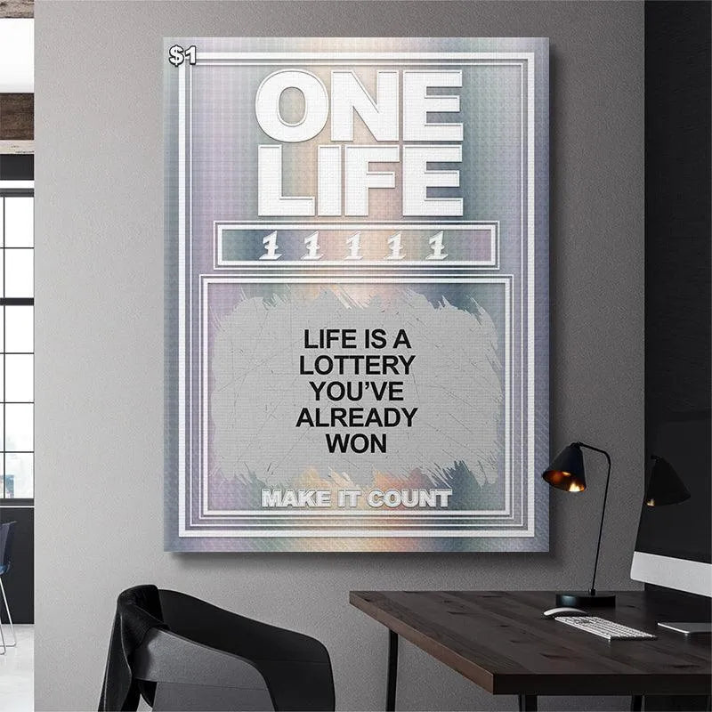 High-angle perspective shot of the framed canvas print featuring 'Life Is A Lottery You Already Won'.