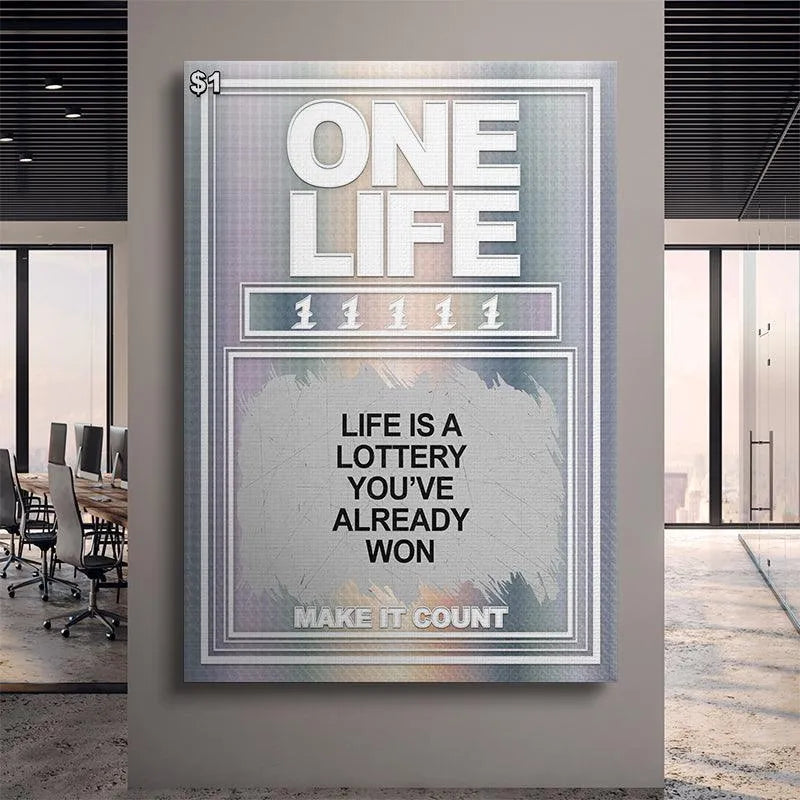Detail shot focusing solely on the typography and scratch-area texture where 'Life Is A Lottery You Already Won' is displayed.