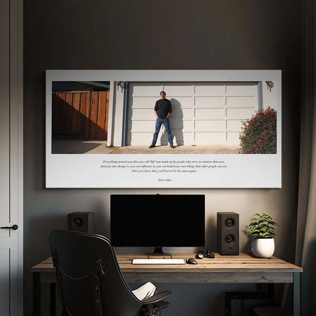 Lifestyle view of the framed 'Life (Jobs)' print displayed prominently in a modern office setting.
