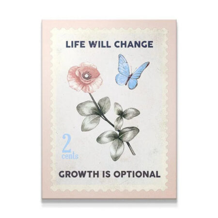 Full frontal view of the Life Will Change vintage stamp art featuring the pink flower and blue butterfly.