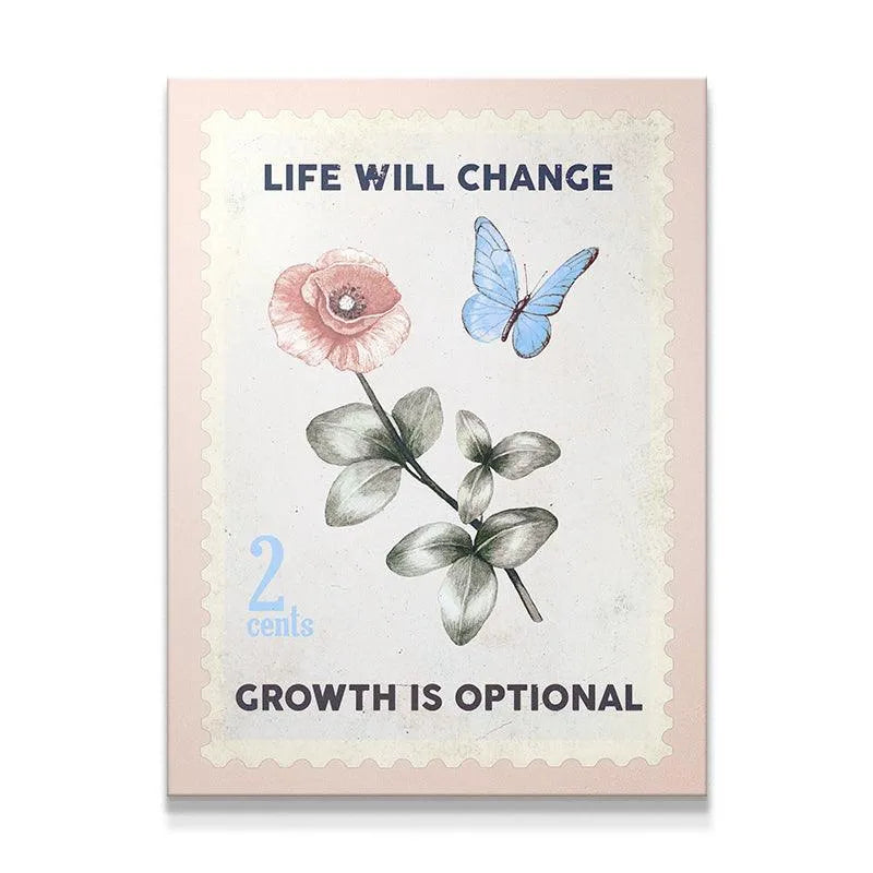 Full frontal view of the Life Will Change vintage stamp art featuring the pink flower and blue butterfly.