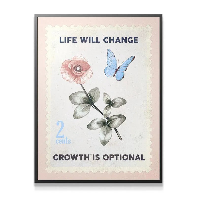 Close-up detail of the watercolor texture on the Life Will Change print, highlighting the '2 cents' text.