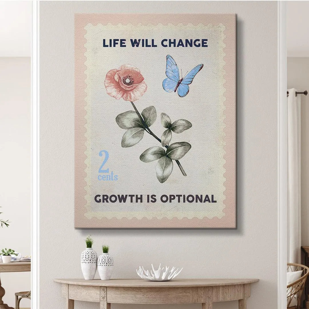 Macro view focusing solely on the blue butterfly illustration within the Life Will Change stamp design.