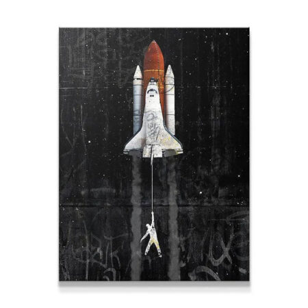 Full view of the contemporary street art canvas titled 'Lift Off' depicting a space shuttle ascending.