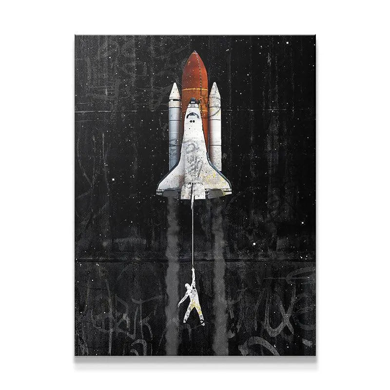 Full view of the contemporary street art canvas titled 'Lift Off' depicting a space shuttle ascending.
