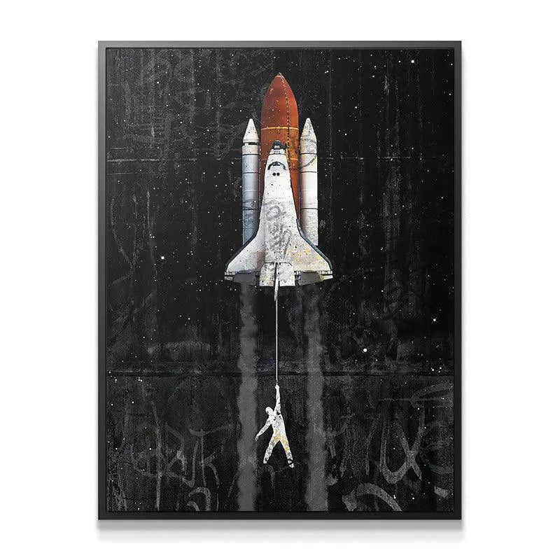 Close-up detail of the lone human figure hanging below the massive craft during its dramatic 'Lift Off'.