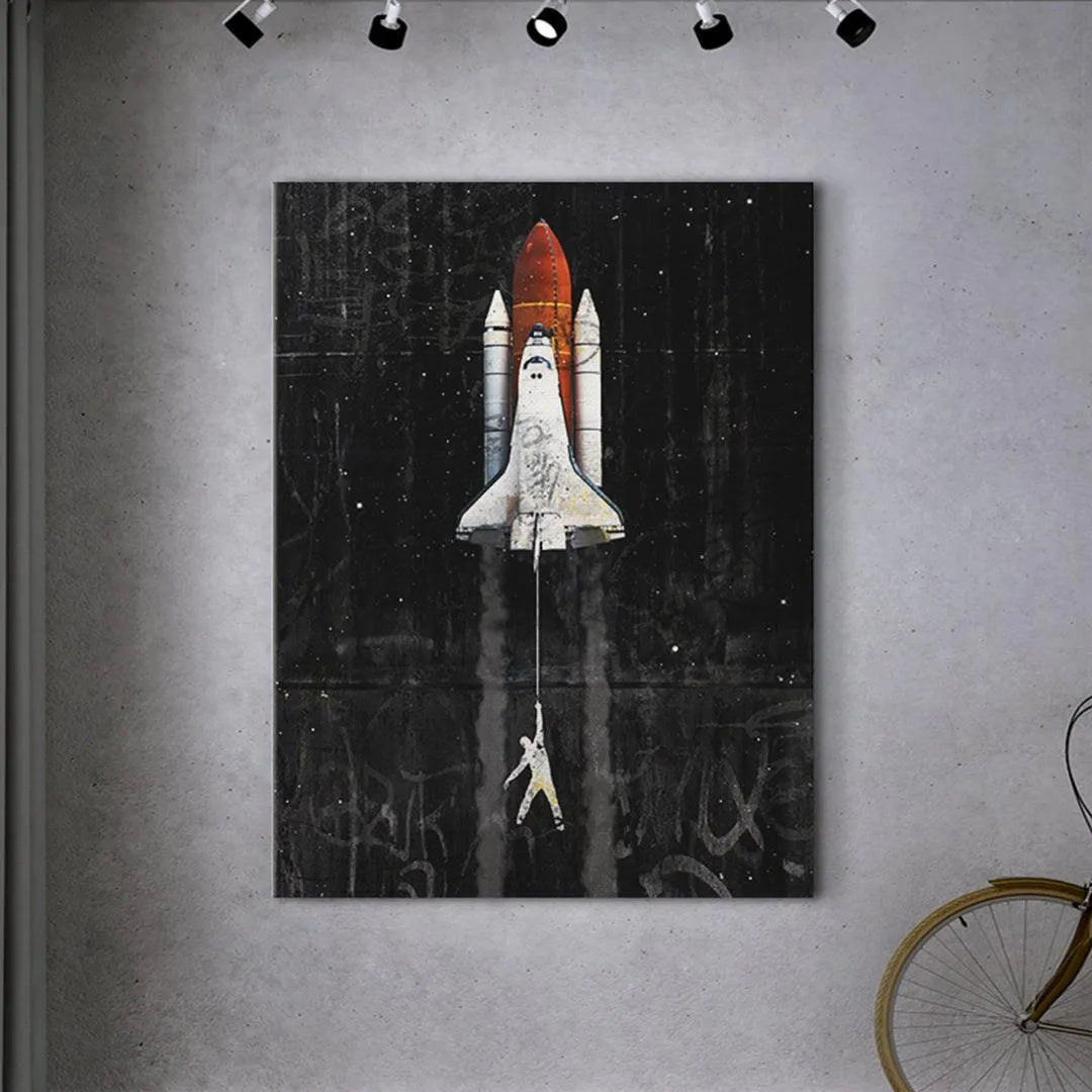 Lifestyle presentation showing the large format urban artwork titled 'Lift Off' installed in a modern interior.