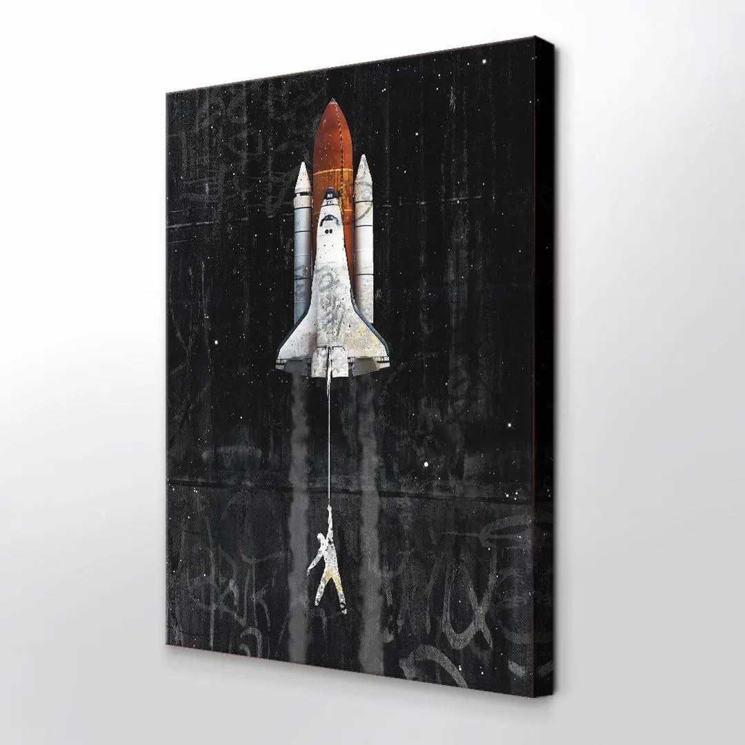 Detailed shot of the distressed orange external tank and white shuttle body during the painting's 'Lift Off'.