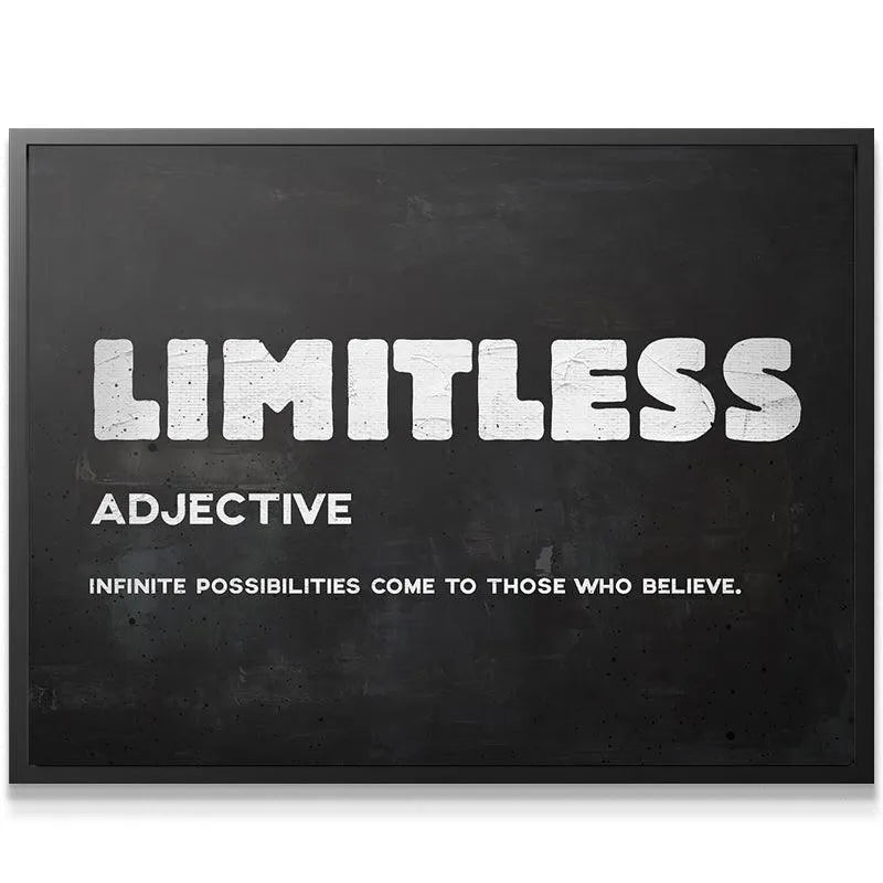 Motivational Limitless canvas print displayed above a modern office desk setup for inspiration.