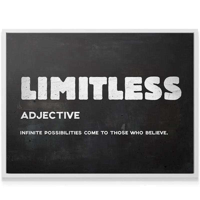 Full frontal shot of the black chalkboard-style art piece featuring the word Limitless and dictionary definition text.