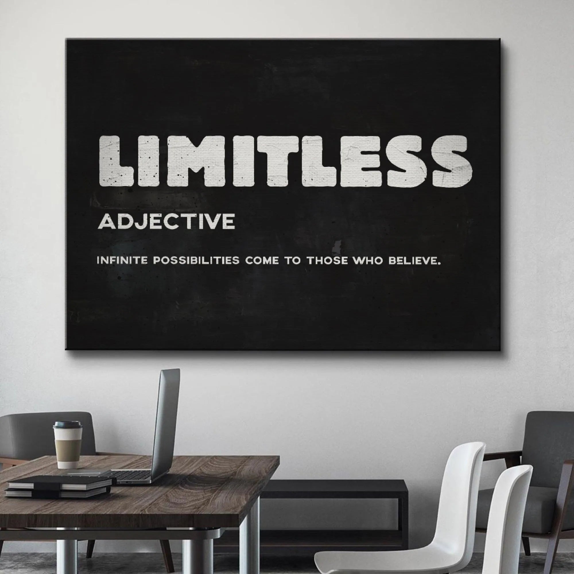 Framed view of the inspirational art demonstrating the large, impactful font used for Limitless.
