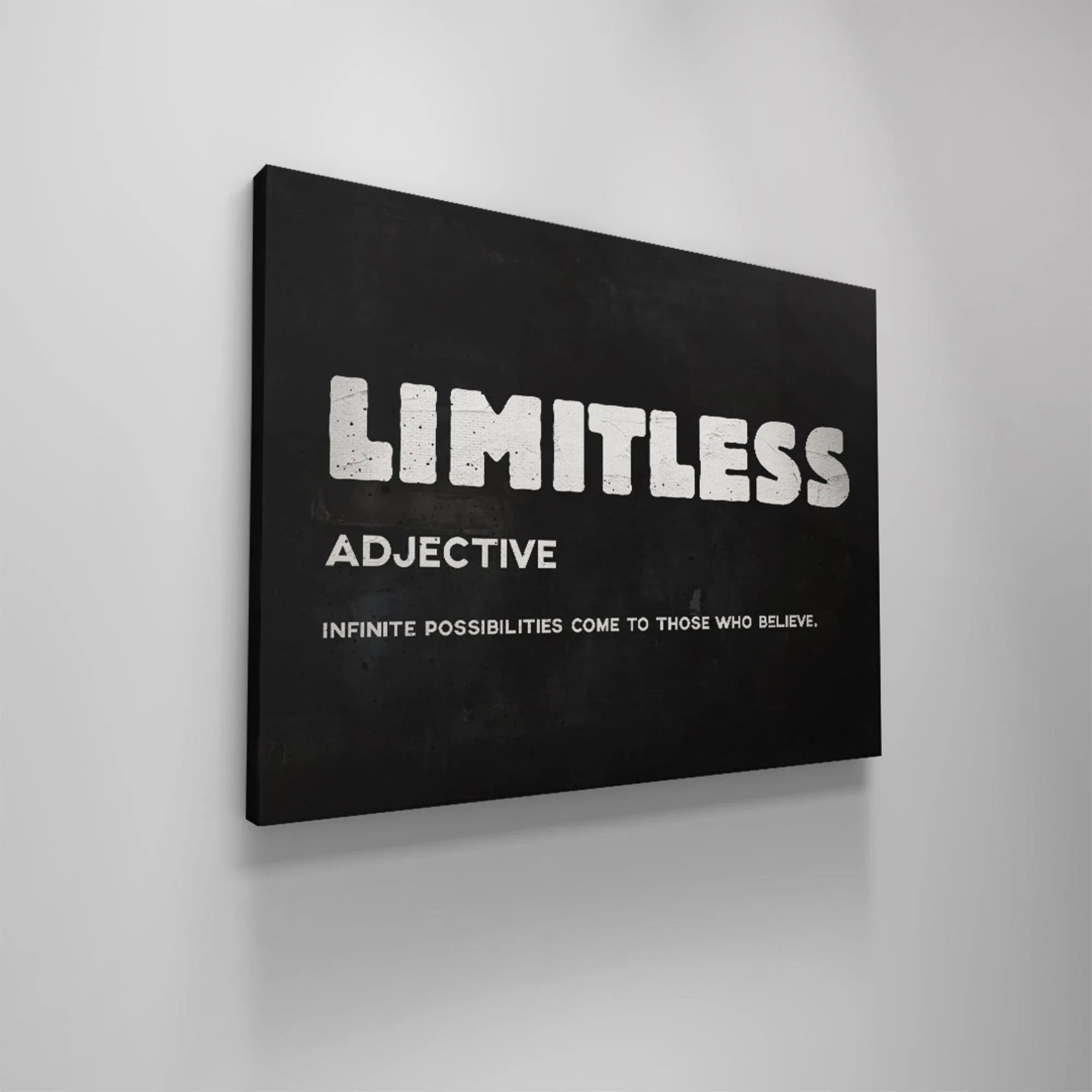 Side angle perspective of the Limitless artwork hanging flush against a neutral colored wall in a hallway.