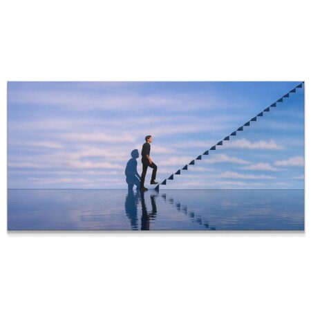 Full panoramic view of the 'Limits Are Illusions' surreal artwork, featuring a man ascending an endless staircase over reflective water.