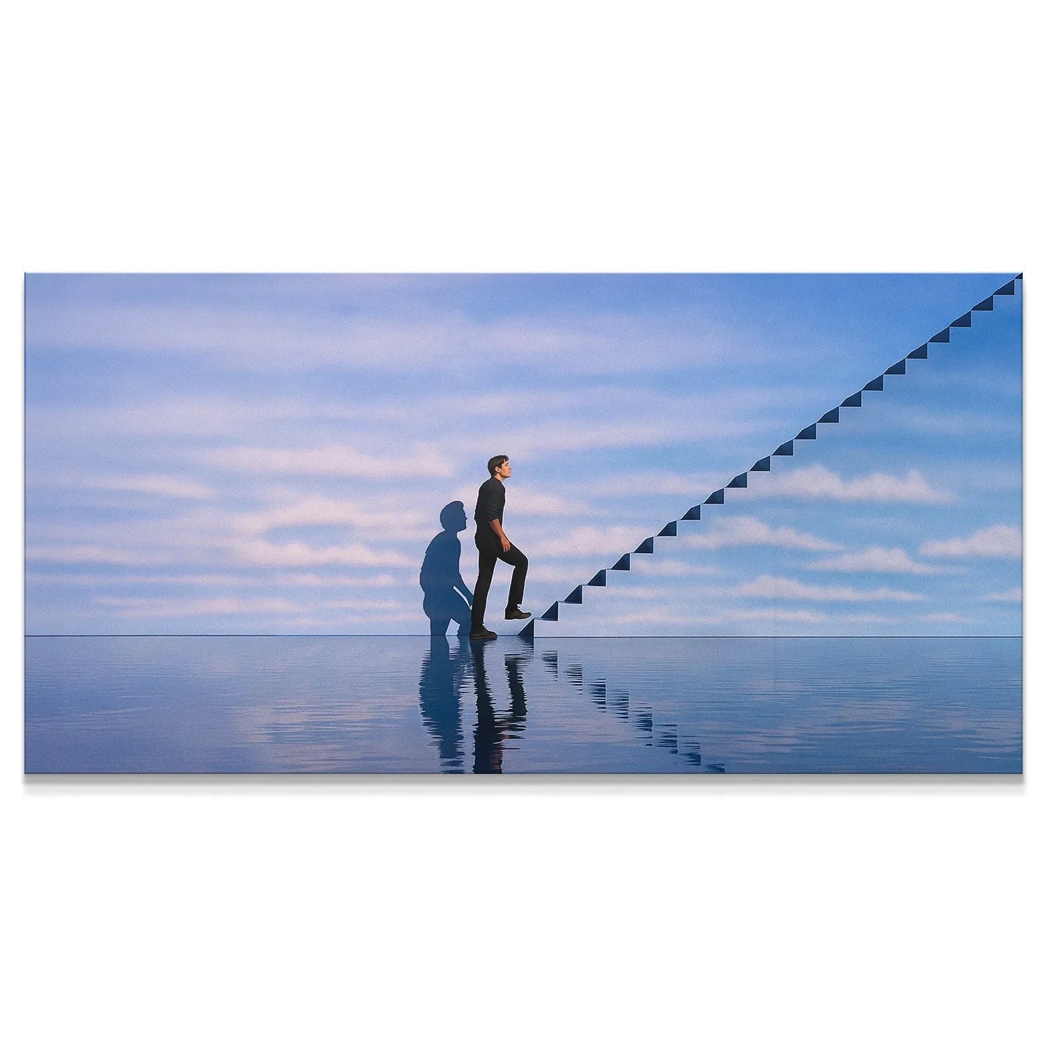 Full panoramic view of the 'Limits Are Illusions' surreal artwork, featuring a man ascending an endless staircase over reflective water.