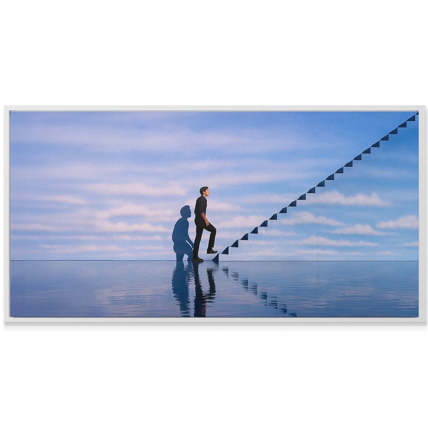 Wide angle showing the vast blue sky and cloud texture above the figure, emphasizing the concept that Limits Are Illusions.