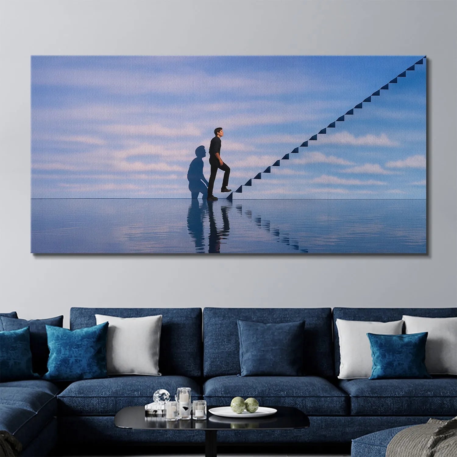 Lifestyle shot of the 'Limits Are Illusions' canvas hanging above a modern desk, inspiring focus and productivity.