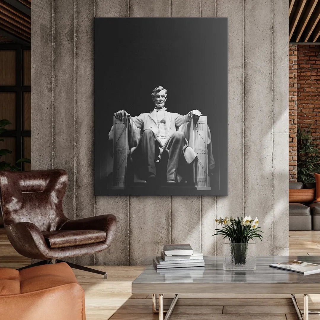Fine art print depicting the solemn face and beard of the president at the Lincoln Memorial.