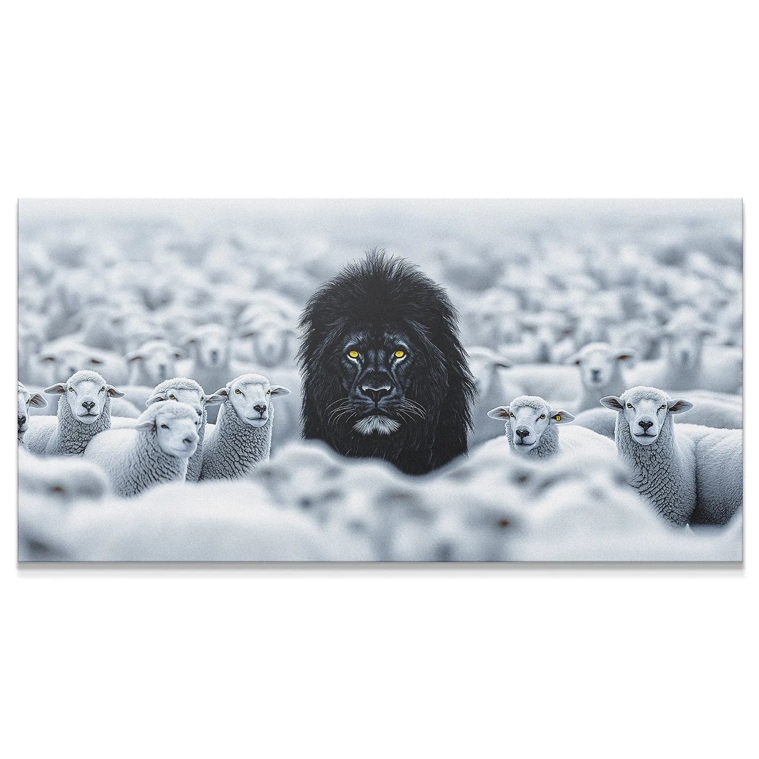 Close-up portrait of the black lion's intense yellow eyes in the 'Lion Among Sheep' artwork.