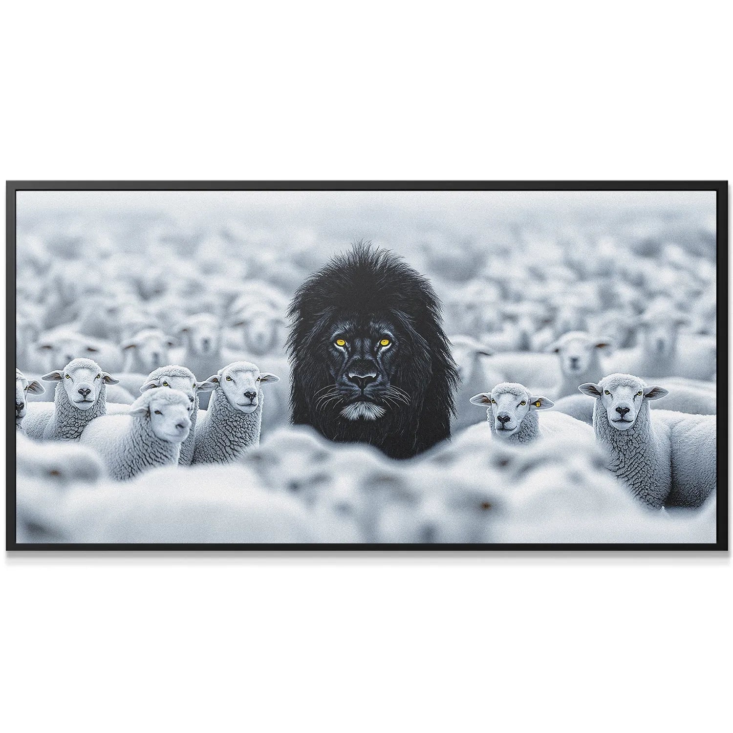 Wide shot showing the overwhelming quantity of white sheep framing the central black figure of 'Lion Among Sheep'.