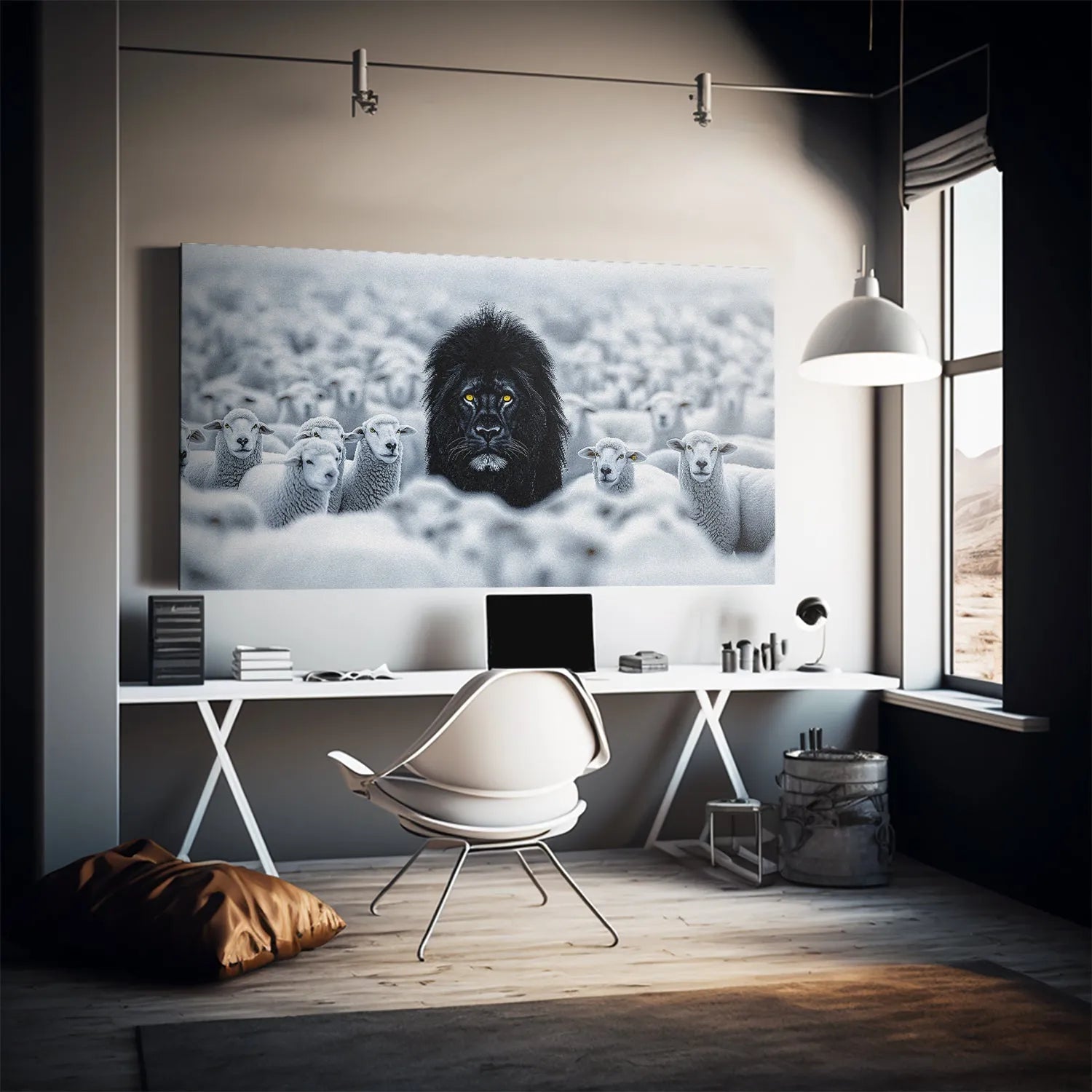 Side profile of the canvas print highlighting the dramatic depth of field in the 'Lion Among Sheep' scene.