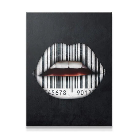 Close-up detail of the barcode texture covering the mouth in the Lips Are Sealed print.